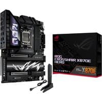 ASUS ROG CROSSHAIR X870E HERO motherboard, black with RGB lighting, AM5 socket, ATX form factor, next to its box.