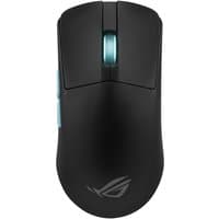 Black ASUS ROG Harpe Ace Aim Lab Edition gaming mouse with blue accents, ambidextrous design, and illuminated scroll wheel.