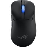 Black ASUS ROG Keris II gaming mouse with blue scroll wheel, right-hand design, wireless connectivity, and sleek finish.
