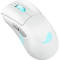 White ASUS ROG Keris II gaming mouse with blue accents, right-hand design, wireless, optical sensor, and USB Type-A connection.