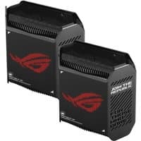 Black ASUS ROG Rapture GT6 Wi-Fi 6 router with red logo, angular design, and vented top, dual units shown.