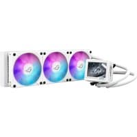 White ASUS ROG RYUJIN III 360 ARGB liquid cooler with three 12 cm fans and vibrant RGB lighting.