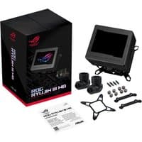 ASUS ROG RYUJIN III WB water block with black casing, LCD display, fittings, screws, and mounting hardware.
