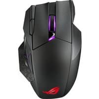 Black ASUS ROG Spatha X gaming mouse with angular design, RGB lighting, and red logo, featuring multiple side buttons.