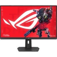 ASUS ROG Strix 31.5" 4K UHD gaming monitor, sleek black design, red screen with ROG logo and futuristic character.