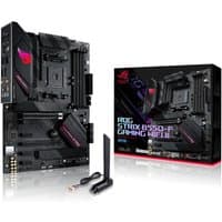 ASUS ROG STRIX B550-F GAMING WIFI II motherboard, black with red accents, includes antennas and branded packaging.