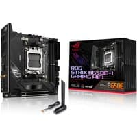 ASUS ROG STRIX B650E-I mini ITX motherboard with black heatsinks, WiFi antenna, and branded packaging.