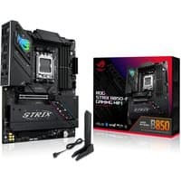 ASUS ROG STRIX B850-F Gaming motherboard, black with RGB lighting, WiFi antenna, and branded packaging.