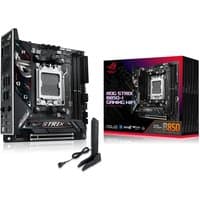 ASUS ROG STRIX B850-I GAMING WIFI mini ITX motherboard with black heatsinks, RGB lighting, and red-accented packaging.