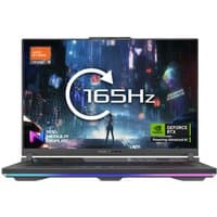 ASUS ROG Strix G16 laptop with 165Hz display, RGB keyboard, Ryzen 9 8940HX, and GeForce RTX graphics.