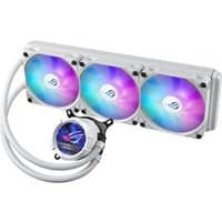 White ASUS ROG Strix LC III 360 ARGB liquid cooler with three 12 cm RGB fans and illuminated logo on the pump.