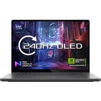 ASUS ROG Zephyrus G16 laptop with 240Hz OLED display, Intel Core Ultra 9, sleek black design, and GeForce RTX branding.