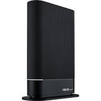 Black ASUS RT-AX59U wireless router, vertical design, ribbed texture, dual-band, with ASUS logo on the base.