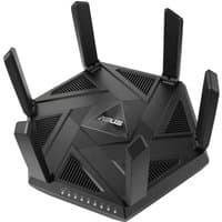 Black ASUS RT-AXE7800 wireless router with six antennas and geometric design, tri-band support for 2.4, 5, 6 GHz.