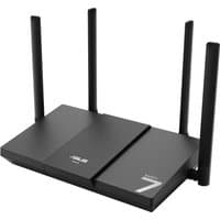 Black ASUS RT-BE50 router with four antennas and sleek rectangular design.