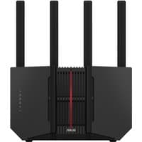 Black ASUS RT-BE92U wireless router with four antennas, tri-band support, and vertical red stripe on the front.