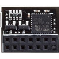 ASUS TPM-SPI 2.0 module with black circuit board, multiple chips, and a 12-pin connector.