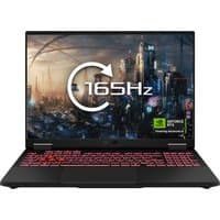 ASUS TUF Gaming A16 laptop, black with red backlit keyboard, 165Hz display showing a futuristic cityscape.