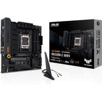 ASUS TUF GAMING B650M-E WIFI micro ATX motherboard, black with heatsinks, shown with packaging and WiFi antenna.