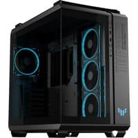 Black ASUS TUF Gaming GT502 Horizon TG ARGB Midi Tower with tempered glass panels and blue LED fans.