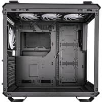Black ASUS TUF Gaming GT502 PLUS Midi Tower with tempered glass side panel and three top-mounted cooling fans.