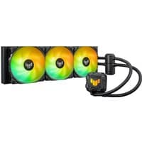 ASUS TUF GAMING LC II 360 ARGB liquid cooling kit with three 12 cm black fans featuring vibrant RGB lighting.