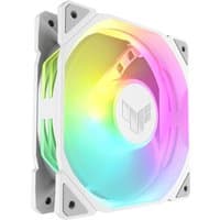 White ASUS TUF Gaming TR120 ARGB 12 cm computer case air cooler with multicolor LED lighting and angular design.