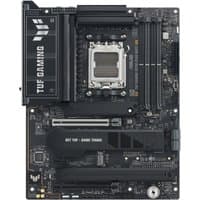 ASUS TUF GAMING X870E-PLUS WIFI7 motherboard, black with silver socket, multiple slots, and TUF branding.