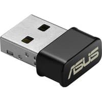 Black and silver ASUS USB-AC53 Nano WLAN adapter with compact design and ASUS logo on the black cap.