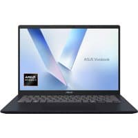 Blue ASUS Vivobook 14 laptop with slim design, 14-inch WUXGA display, and backlit keyboard, featuring AMD Ryzen AI.