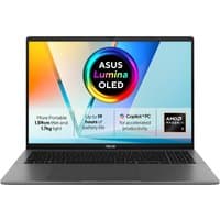 Grey ASUS Vivobook S16 laptop with 16" WUXGA display, thin bezels, and AMD Ryzen AI 7 branding on screen.