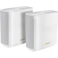 White ASUS ZenWiFi AX7800 set, sleek design, vertical vents, gold logo, dual units, tri-band Wi-Fi 6 technology.