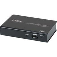 Black ATEN VS192 video splitter with 2 DisplayPort outputs, compact rectangular design, and labeled ports.