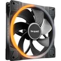 Black 140 mm computer case fan with orange LED ring and curved blades, by be quiet!