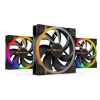 Black be quiet! 140mm ARGB PWM fans, 3 pack, with illuminated rings in rainbow colors and sleek black blades.
