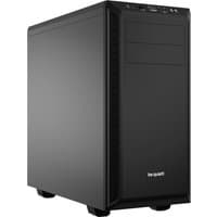 Black be quiet! Pure Base 600 Midi Tower with sleek design, front panel USB ports, and top ventilation slots.