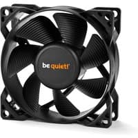 Black be quiet! PURE WINGS 2 computer case fan with 80mm blades and orange logo on center hub.