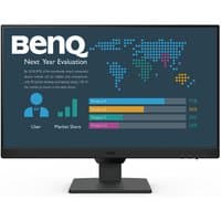 BenQ BL2490 23.8" Full HD monitor with thin bezels, matte black finish, and adjustable stand displaying a data chart.
