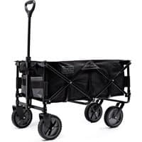 Black & Decker tool cart with black fabric, foldable frame, four wheels, and a long handle.