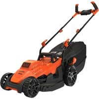 Black and orange Black & Decker push lawn mower with ergonomic handle and large rear wheels.