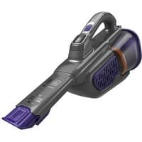 Black and violet Black & Decker handheld vacuum, bagless design with ergonomic handle and sleek nozzle.