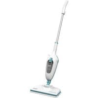 White Black & Decker steam mop with blue accents, 0.38 L capacity, 1300 W power, sleek design with ergonomic handle.