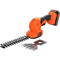 Orange Black + Decker cordless shear shrubber with black grip, 18V battery, and interchangeable blade attachments.