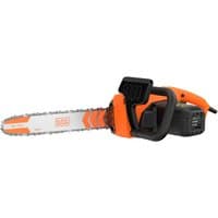Black + Decker electric chainsaw, 40cm blade, orange and black design, ergonomic handle, 2000W motor.