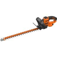Black + Decker orange and black 55cm hedge trimmer with 500W motor and saw blade attachment.