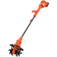 Orange Black + Decker 18V cordless tiller with ergonomic handle, black shaft, and 2.0Ah battery attached.