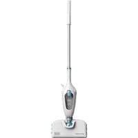 White Black + Decker steam mop with long handle, detachable water tank, and rectangular cleaning head.