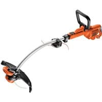Black + Decker orange and black corded grass strimmer with curved shaft and adjustable handle.