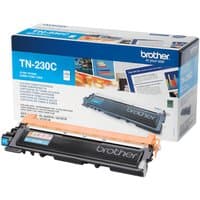 Brother Cyan Toner Cartridge with black casing, blue label, and orange protective cover, next to branded packaging box.