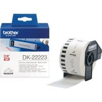 Brother DK-22223 white printer label roll with black text, in box with blue top and product image.